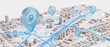 © itlada - Location pin markers on city map model in sleek 3d render style, featuring glowing blue navigation routes and white miniature buildings for urban logistics interface concepts