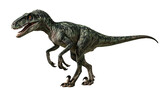 Green scaly Velociraptor dinosaur with sharp teeth and claws in side profile