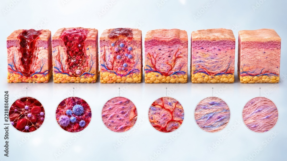 Cross section model of skin layers showing wound healing stages from ...