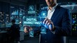 © Bright Frame Studio - A digital marketing strategy interface showing SEO, advertising, and content elements being used by a businessman.