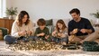© Katty - Family untangles and prepares glowing Christmas string lights together in a cozy living room, smiling and bonding while decorating for the holidays