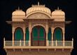 © O - Royal Rajasthani jharokha balcony, symmetrical front-facing architecture, elaborate carved floral patterns, ornate lattice railing, elegant domed canopy, deep emerald green interior, dark terracotta,