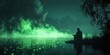 © Кирилл Макаров - Person sits fishing on riverbank at night surrounded by glowing fireflies, stars and reflections illuminating the water. Generative by AI.