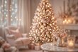 © Wombat-Studio - Elegant blurred Christmas tree with warm golden lights and blush pink ornaments in a sophisticated cozy holiday interior.