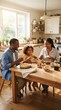 © Lari - A Black family enjoys a joyful breakfast together in a sunlit kitchen, sharing laughter and food at a wooden table