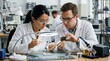 © DigitalSpace - Engineers studying a chip package and microscope slide in an electronics lab with soldering station and inspection lamp