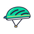 © Ray - Green aerodynamic bicycle helmet with air vents, blue visor peak and chin strap buckle, flat vector icon isolated on white background