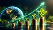 © Andi - Global sustainable investment concept featuring growing plants on stacked gold coins and rising green financial chart against earth background