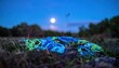 © Robi - Earth-like rock painted with blue and green swirls under a full moon in a dark, grassy field.