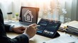 © Jiawei - Real estate investment analysis on a tablet with property icons, ROI percentages, market growth charts, and building visualization graphics for financial property acquisition
