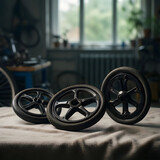 Bicycle maintenance and repair, spare parts for cycling with black wheels on a workbench in a workshop for professional bike service and restoration