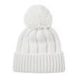 © no one - Cozy white knitted winter hat with a fluffy pompom on top, captured with soft lighting on a clean white background