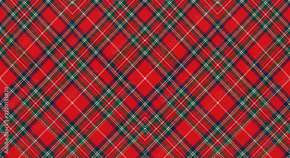 Seamless diagonal red tartan plaid textile pattern with dark green and ...