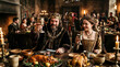 © Margarita Ratatosk - King and queen toasting with golden chalices at a medieval banquet in a castle hall. Royal couple having a feast with food and guests in a historical setting. Traditional celebration.