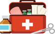 © Afsana - Open first aid kit vector illustration, featuring medical supplies, bandage, medicine bottles, and scissors