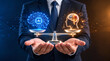 © Lukman - A businessman holding a glowing scale comparing artificial intelligence and human brain concept, representing ethics, decision making, technology versus humanity, and mental balance in modern business