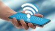 © Sumi - Hand holding smartphone with glowing blue Wi-Fi internet connection signal icon symbolizing wireless communication, data transfer, and global networking