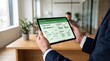 © Chao - Businessman holding tablet displaying global sustainability performance report, ESG scores environmental social governance analysis, corporate responsibility metrics