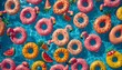 © dogyun - Colorful Flamingo, Donut, and Fruit Inflatable Pool Floats Pattern in Crystal Clear Swimming Pool Water