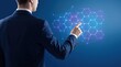 © Na - Businessman in suit interacting with futuristic holographic network interface displaying data connections and technology nodes representing artificial intelligence and digital