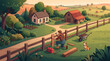 © Humaun - Person repairing a wooden fence with a dog watching, rural lifestyle concept, isometric vector illustration