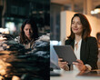 © valeo5 - side by side split comparison of stressed overworked businesswoman with huge pile of paper vs smiling confident businesswoman using modern digital tablet efficient digital workflow transition concept