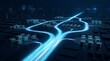 © CuteBee - Complex digital network connectivity with glowing blue data paths intersecting between multiple server clusters in dark high tech environment for global information transfer visualization