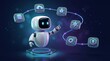 © CuteBee - Friendly robot character touching holographic API and database icons in 3D render representing cloud integration and software development workflow on dark background for tech concepts