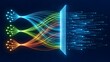© abdul studio - Colorful glowing fiber optic light streams passing through a digital matrix filter array for data processing and sorting