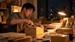 © Phakawan - Determined Asian Home-Based Ecommerce Entrepreneur Working Late into the Night Amidst Parcels, Unfinished Tasks, and Burnout - A Glimpse into Small Business Challenges and Resilience