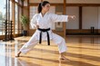 © Studio - Determined young martial artist woman wearing white gi and black belt practicing karate punch stance in traditional wooden dojo with natural window light