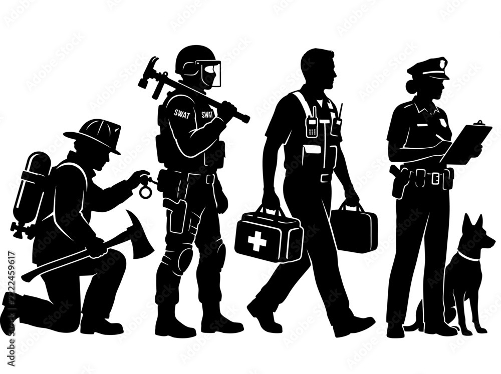 First responders silhouettes including firefighter medic and police ...