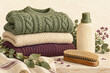 © X-Poser - Gouache illustration of folded wool sweaters with a wooden brush and plain detergent bottle