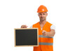 © be free - Labor offer. Worker advertising. Man worker hold blackboard with copy space. Engineer advertisement. Career planning. Engineer man advertising isolated on white. Man worker offer advertisement