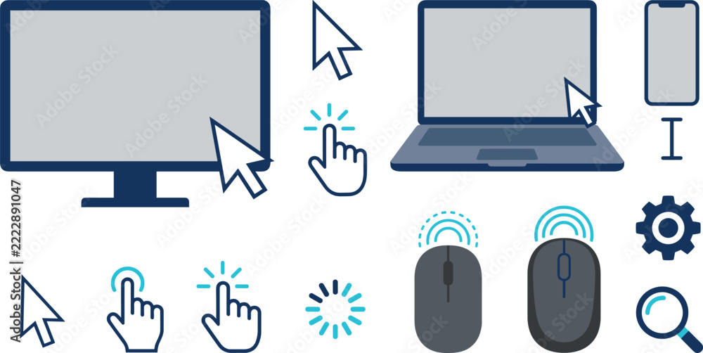 Computer Mouse Collection and Screen Cursors Device Click Vector Set ...