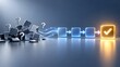 © UA Visuals - Scattered square blocks transforming into a glowing orange checkmark via glowing blue light streams representing problem solving and successful process