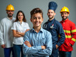 © Krystyna - Teenager Exploring Different Career Paths Among Professionals. Career Orientation Concept with Doctor Engineer Chef and Firefighter. Young Person Choosing a Future Profession. Career Guidance and Occu
