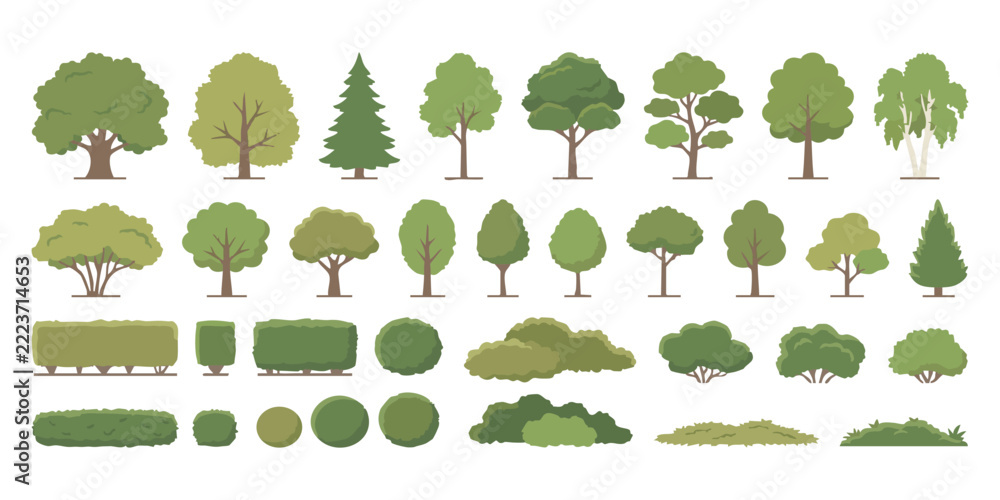 Set of flat green trees and garden bushes for landscape design and ...