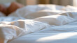 © photo for everything - Cozy white bed with soft cotton sheets and fluffy pillows in a bright sunny morning bedroom with warm light and calm peaceful relax mood
