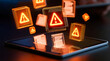 © Selvam - Digital file security notice with illuminated orange warning icons superimposed on holographic documents projected onto a tablet screen for enterprise data risk management and cybersecurity defense