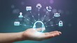 © CuteBee - Hand holding holographic customer support headset icon surrounded by floating communication and connection symbols representing help desk service and technical assistance 3d render