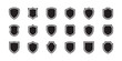 © Natural - Shield emblem icon set with black silhouettes and outer outlines for security brand heraldic crests.