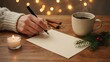 © MSTMAYA - Person in cozy white sweater writing on blank paper with fountain pen next to coffee cup, candle, and pine branches on wooden table for holidays