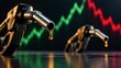 © Noura Gallery - Petroleum fuel pump nozzle dripping oil against red and green financial graph representing global energy market volatility