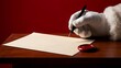 © MSTMAYA - Santa claus hand wearing white glove writing a letter on vintage paper with a fountain pen on a wooden desk against a dark red festive background