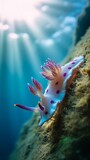 A beautiful white sea slug with pink spots and feathery gills underwater in the ocean