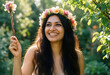 © Pixel-Shot - Wellness and mindfulness, happy woman with flower crown and wand in nature, bohemian lifestyle and self care, summer joy and feminine beauty in garden