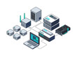 © kiki - Isometric Network Infrastructure and Cloud Computing Server Setup with Laptop Connection