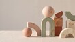 © GunGun - Photorealistic 3D arrangement of handcrafted clay geometric spheres, arches, cubes and curved sculptural forms, soft matte surfaces with subtle fingerprints and natural handmade