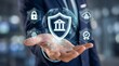 © Dian - Radial cyber defense fortress, symmetrical banking firewall node. Business hand holding glowing cybersecurity shield integrated with bank crest and point-cloud globe for fraud prevention.